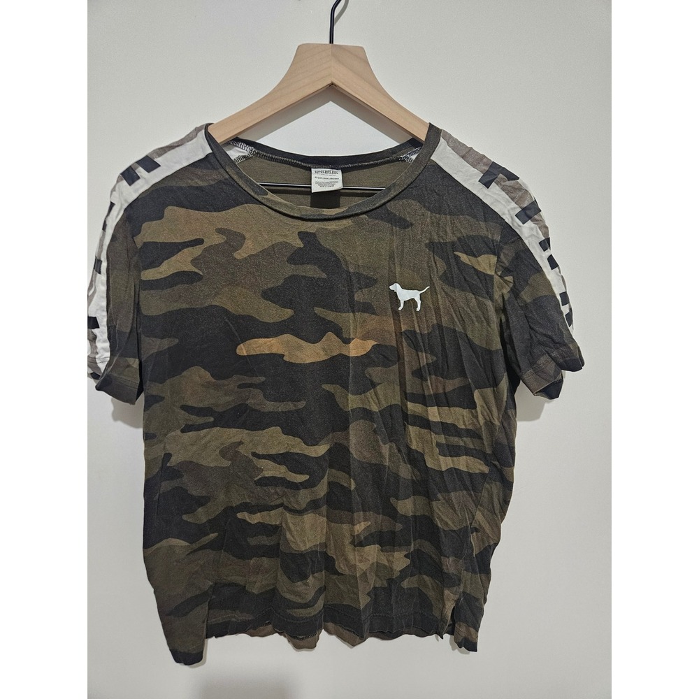 Victorias Secret PINK‎ Camo T-Shirt Womens XS Green Camouflage Logo Stripe Tee